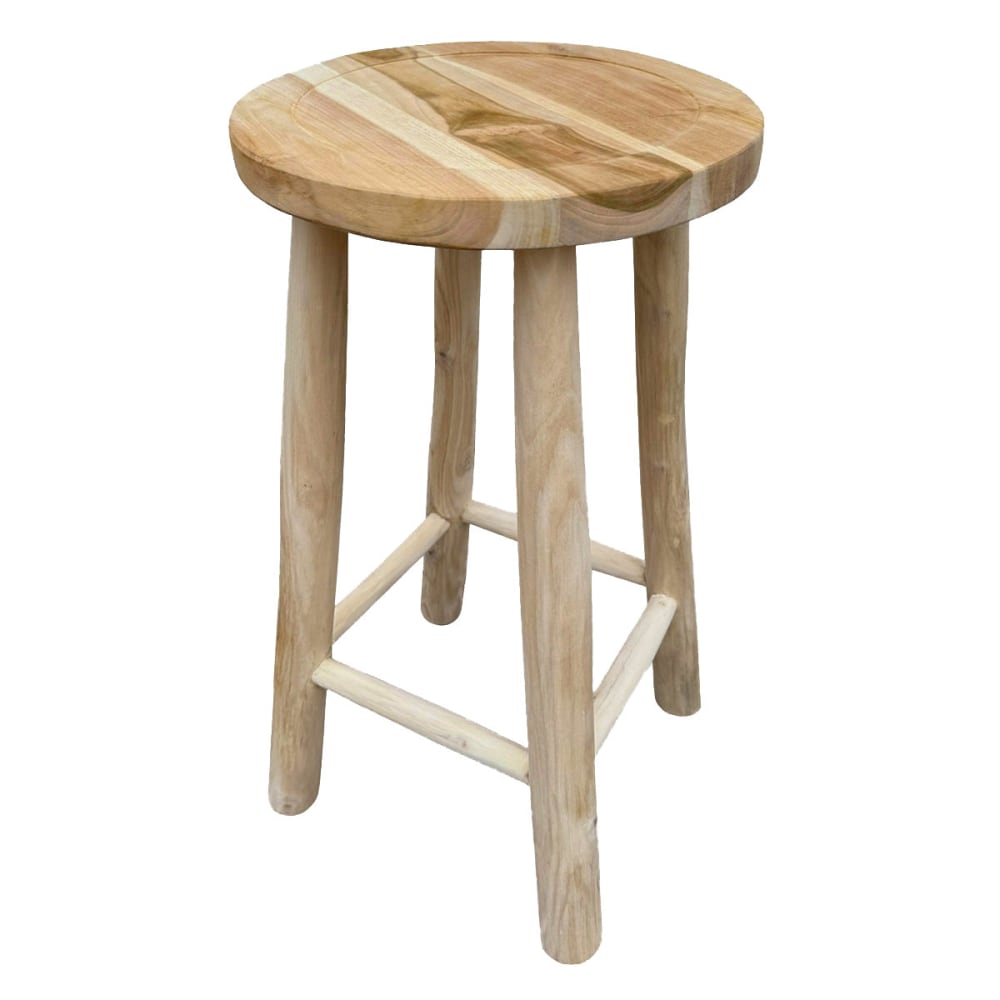 Tabouret de bar haut en bois de teck massif, forme ronde, 65 cm