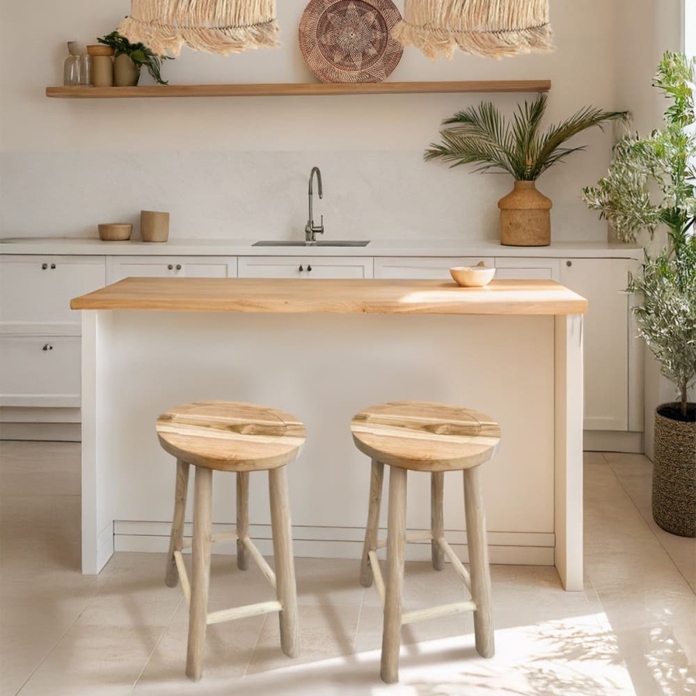 Tabouret de bar haut en bois de teck massif, forme ronde, 65 cm