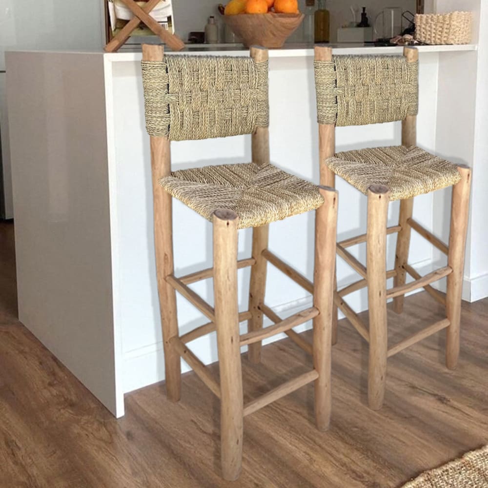 Tabouret de bar haut en bois et fibre naturelle avec dossier, 75 cm