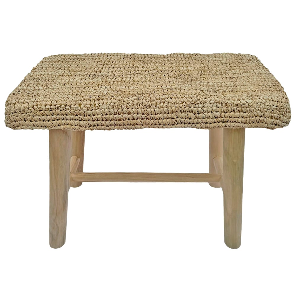 Banc en bois de teck et raphia naturel avec assise rembourrée 80cm Banc en bois de teck et raphia naturel avec assise rembourrée 80cm