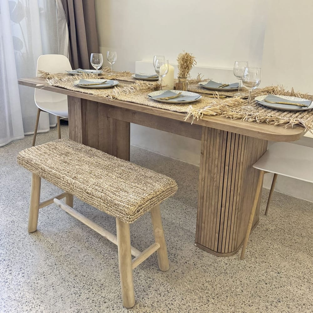 Bank aus Teakholz und Naturraffia mit gepolstertem Sitz 80 cm -