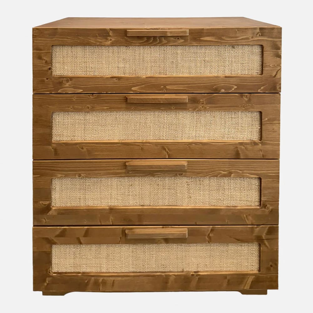 Commode en bois massif chêne avec 4 tiroirs en raphia naturel 80cm Commode en bois massif chêne avec 4 tiroirs en raphia naturel 80cm