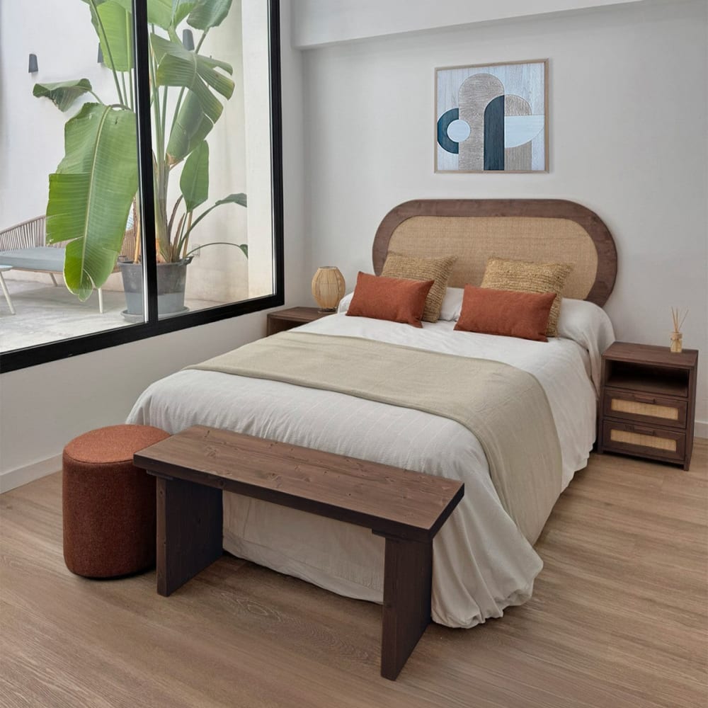 Tête de lit ovale en bois raphia naturel pour lit 135cm tons foncés