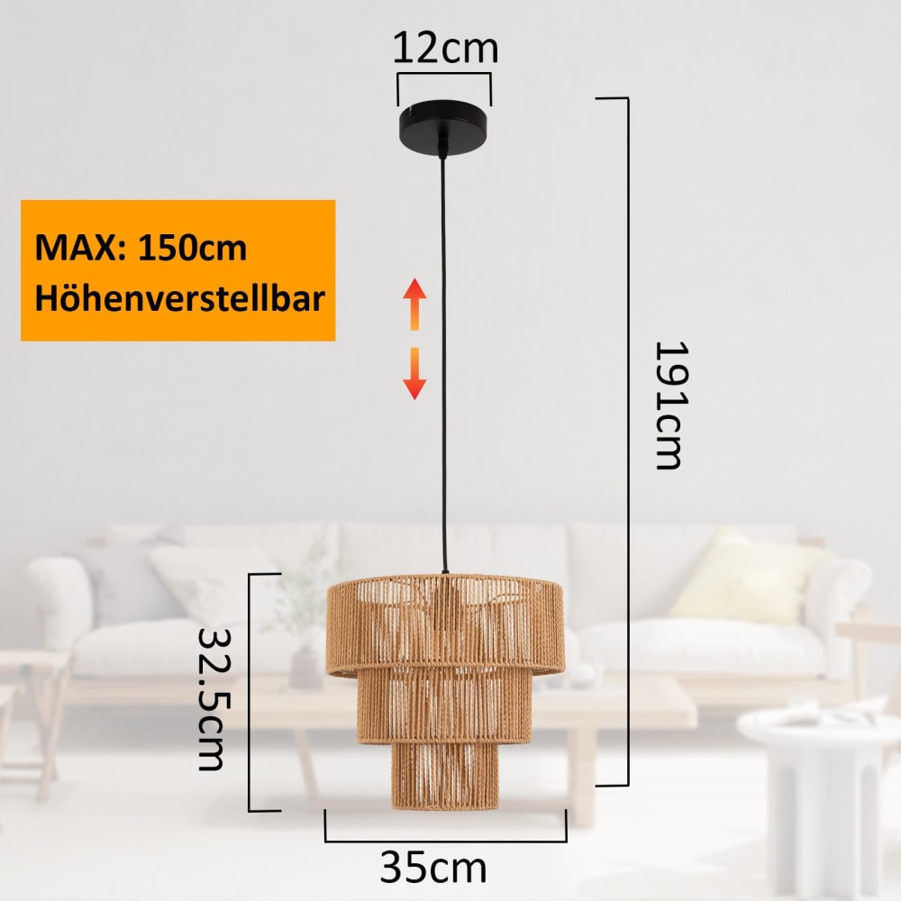 Suspension en fer et corde en papier, noir mat et jaune, h.150cm — vue 4