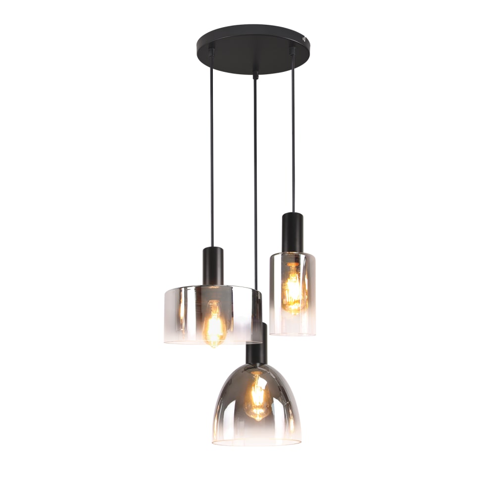 Suspension en fer et verre, noir mat et gris fumé, h.181cm