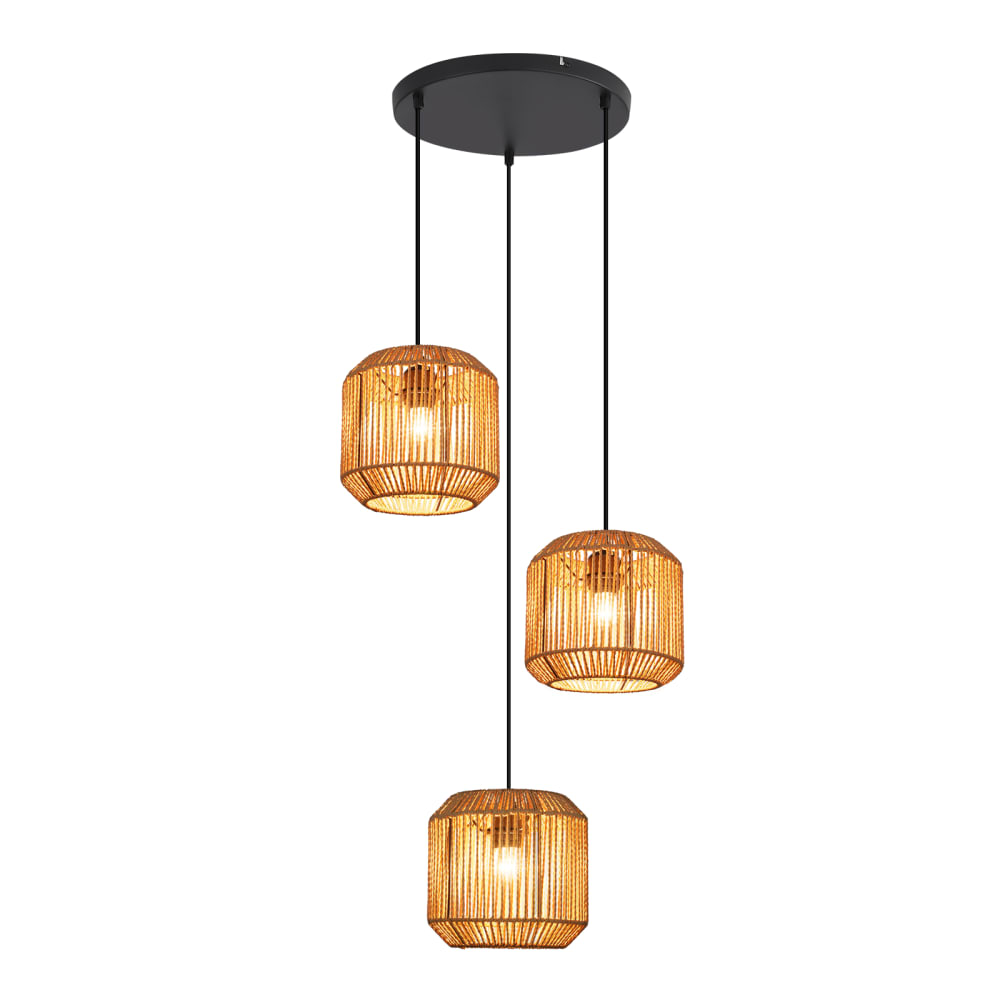 Suspension en fer en papier tressé noir et beige clair h.150cm