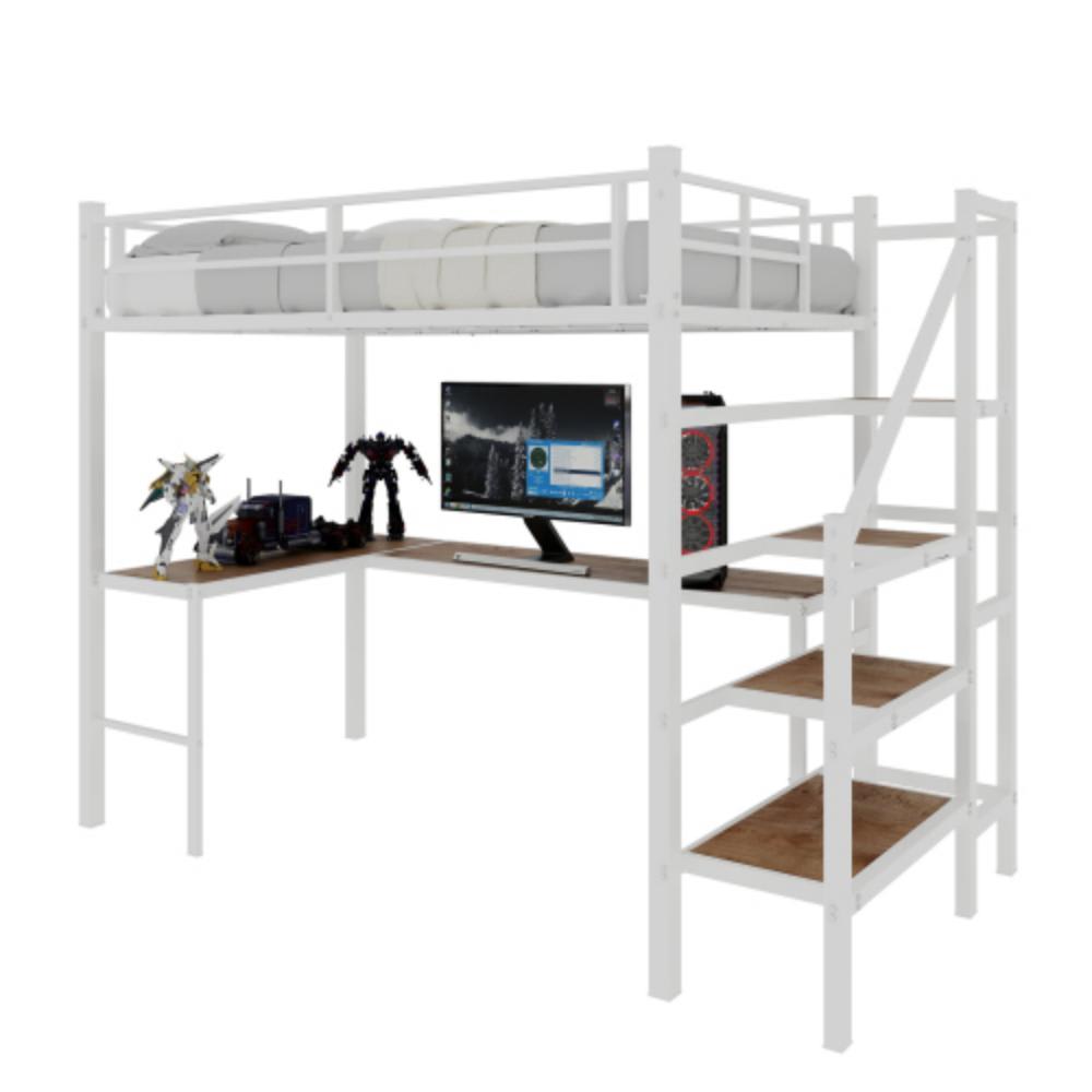 Hochbett mit L Schreibtisch Stauraumtreppe aus Eisen Weiß 90x190