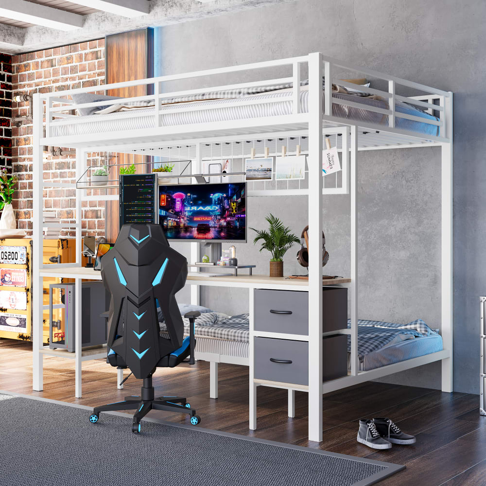Etagenbett mit Schreibtisch led aus Eisen Weiß 90x200 cm 140x200