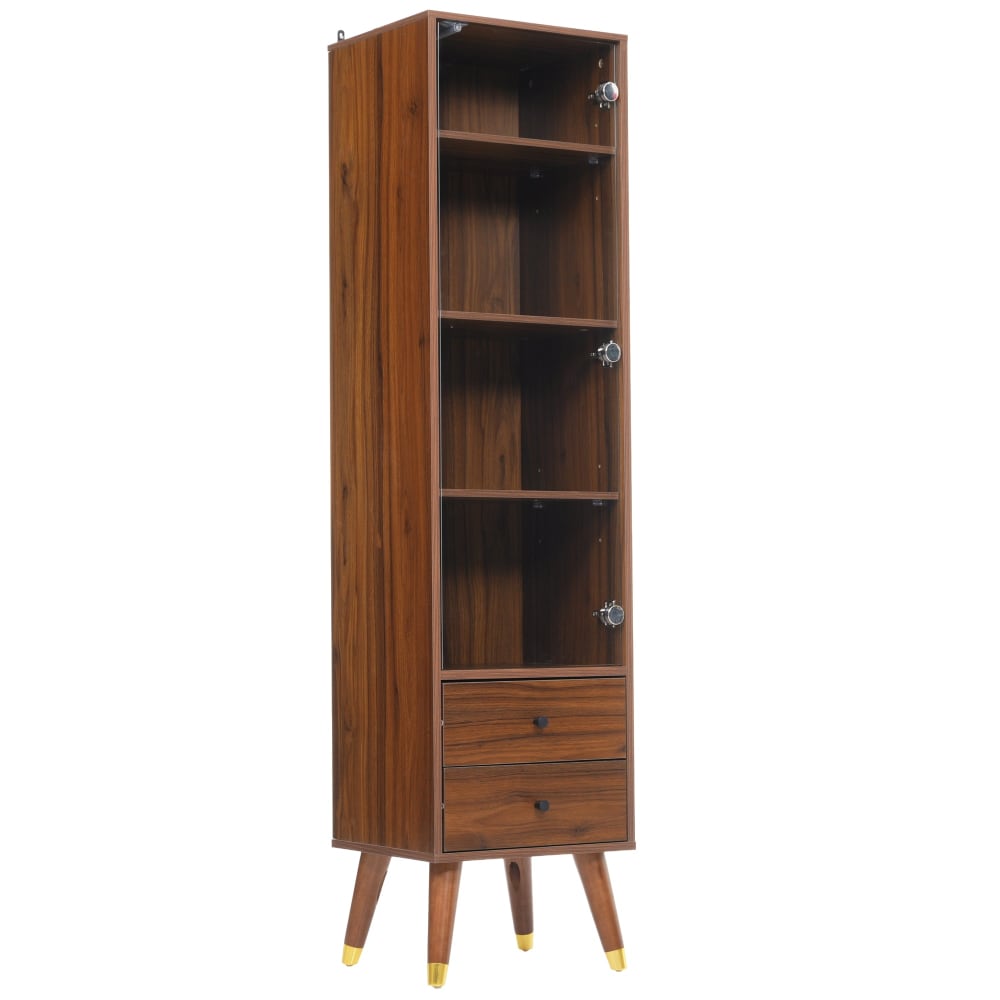 Urban Meuble VITRINE, 4 verstellbare Böden, 2 Schubladen, Nussbaumoptik Braun Spanplatte