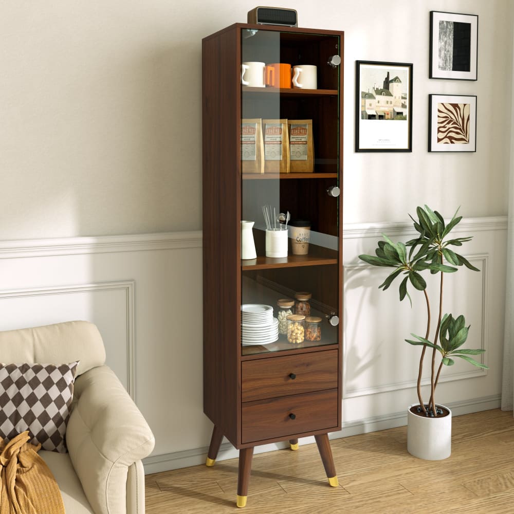 Armoire haute vitrine effet noyer 4 étagères réglables et 2 tiroirs