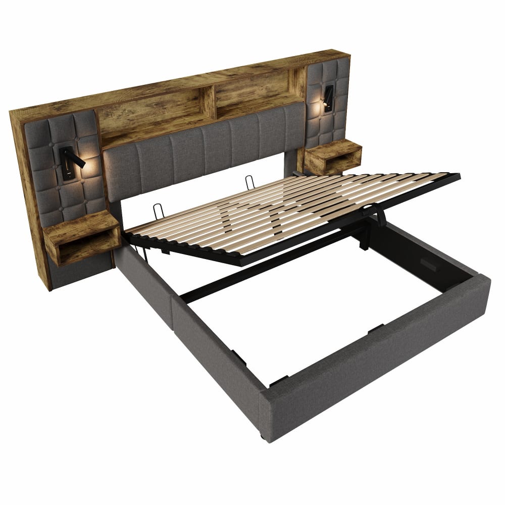 Lit coffre en gris avec tables de chevet, lampes et usb 160x200cm