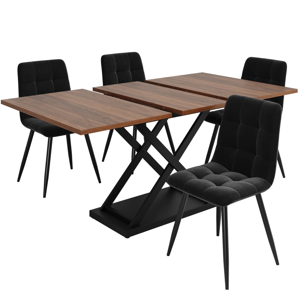 Ensemble table à manger extensible effet noyer et 4 chaises en velours Ensemble table à manger extensible effet noyer et 4 chaises en velours