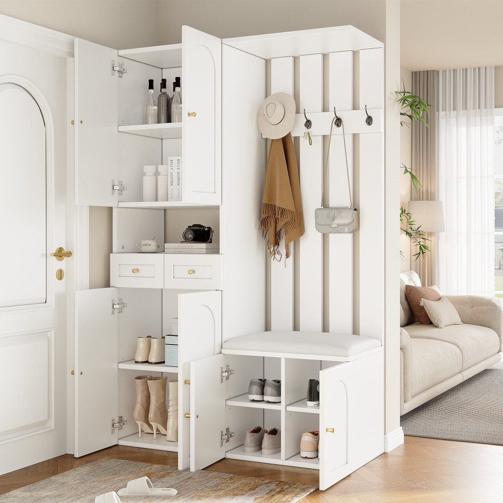 Garderobe mit Schuhbank, 6 Türen, 2 Schubladen, 4 Haken, Weiß -
