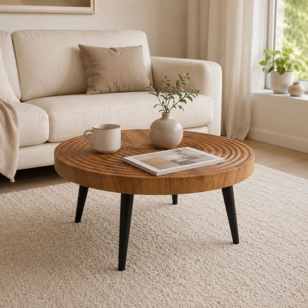 Runder Couchtisch aus Walnuss, strukturierte Baumring-Optik,