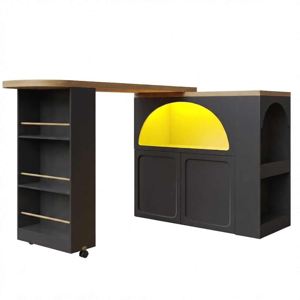 Urban Meuble Kücheninsel, ausziehbarer Bartisch, schwenkbar mit LED, Schwarz Schwarz Spanplatte