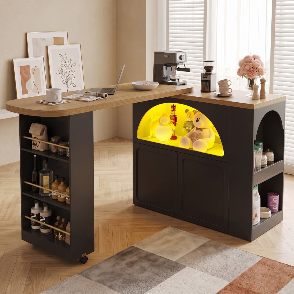 Îlot de cuisine table de bar pivotante extensible noir avec led