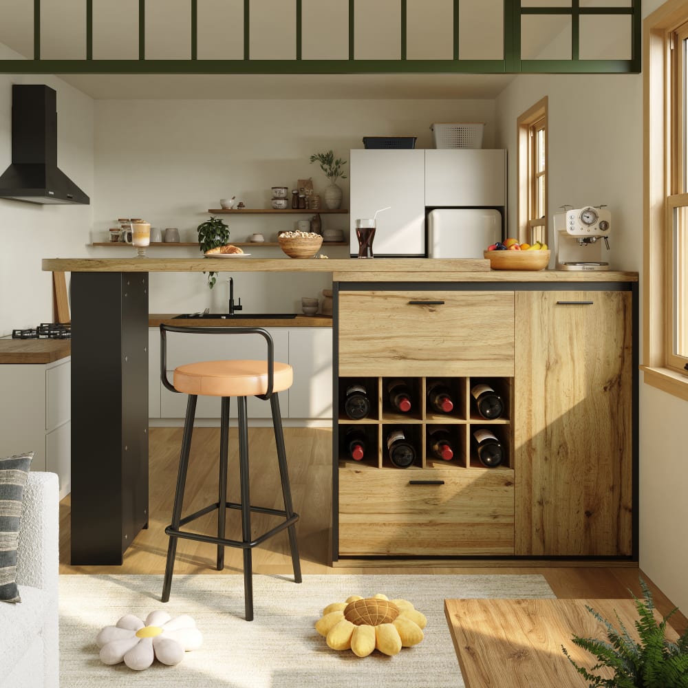 Urban Meuble Ausziehbarer schwenkbarer Bartisch mit Schubladen und Regalen, Braun Braun Spanplatte