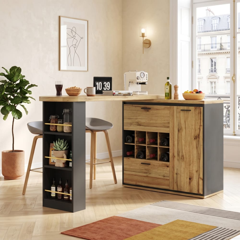 Ausziehbarer schwenkbarer Bartisch mit Schubladen und Regalen,