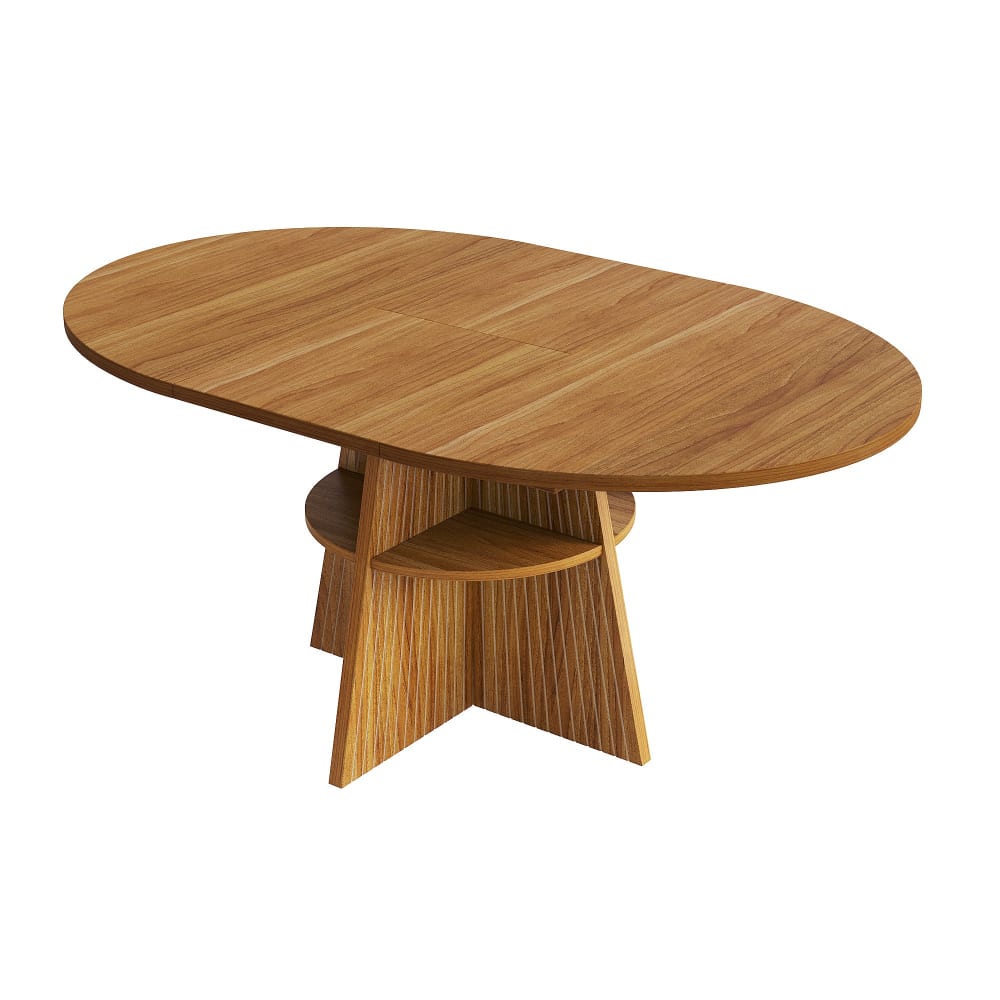 Table à manger extensible ronde effet bois avec étagère (110-150 cm)