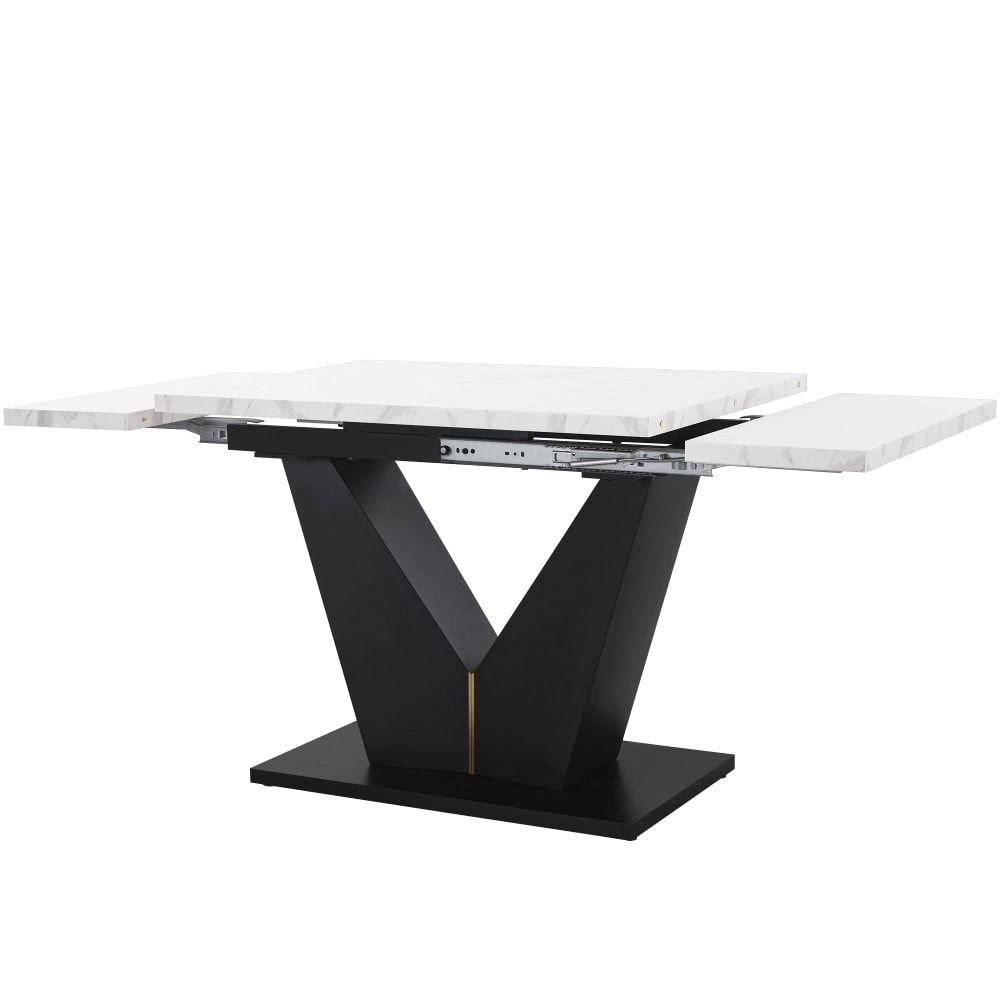 Table à manger extensible effet marbre blanc et pieds en métal noir Table à manger extensible effet marbre blanc et pieds en métal noir