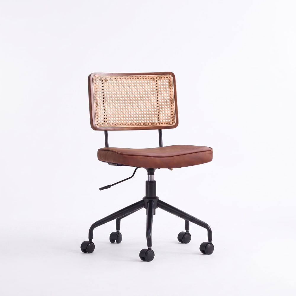 Chaise de bureau vintage en rotin semi-cuir marron pivotant réglable