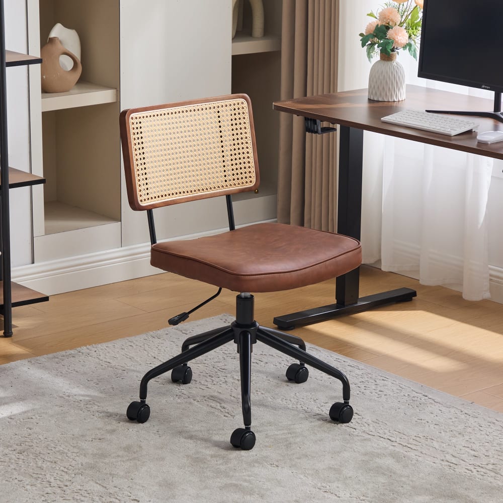 Drehbarer Vintage-Bürostuhl, Rattan & Kunstleder, Braun - Maisons
