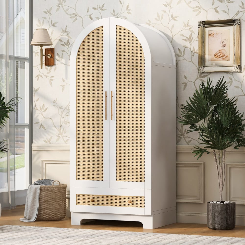 Armoire arche blanche style scandinave en rotin 2 portes et tiroir