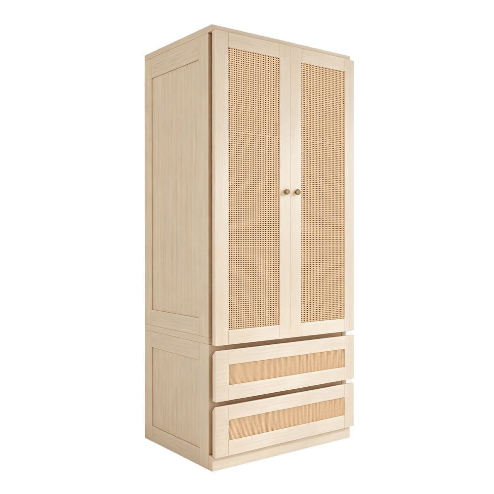 Armoire effet bois 2 portes et 2 tiroirs en rotin 70x55x170cm