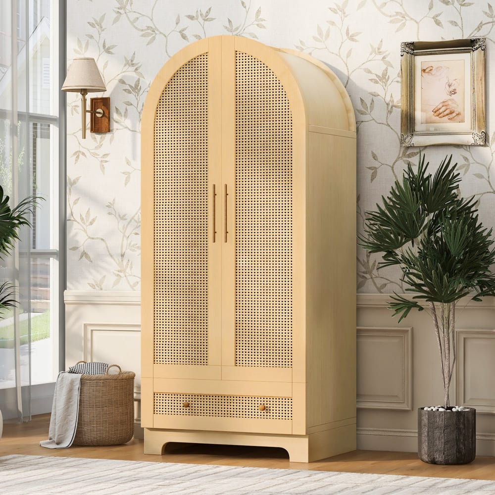 Armoire arche effet bois style scandinave en rotin 2 portes et tiroir