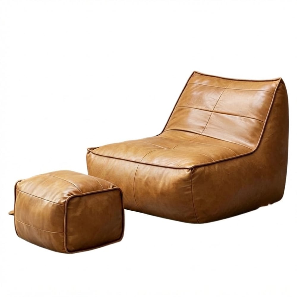Fauteuil vintage avec repose-pied assorti, tissu effet cuir marron