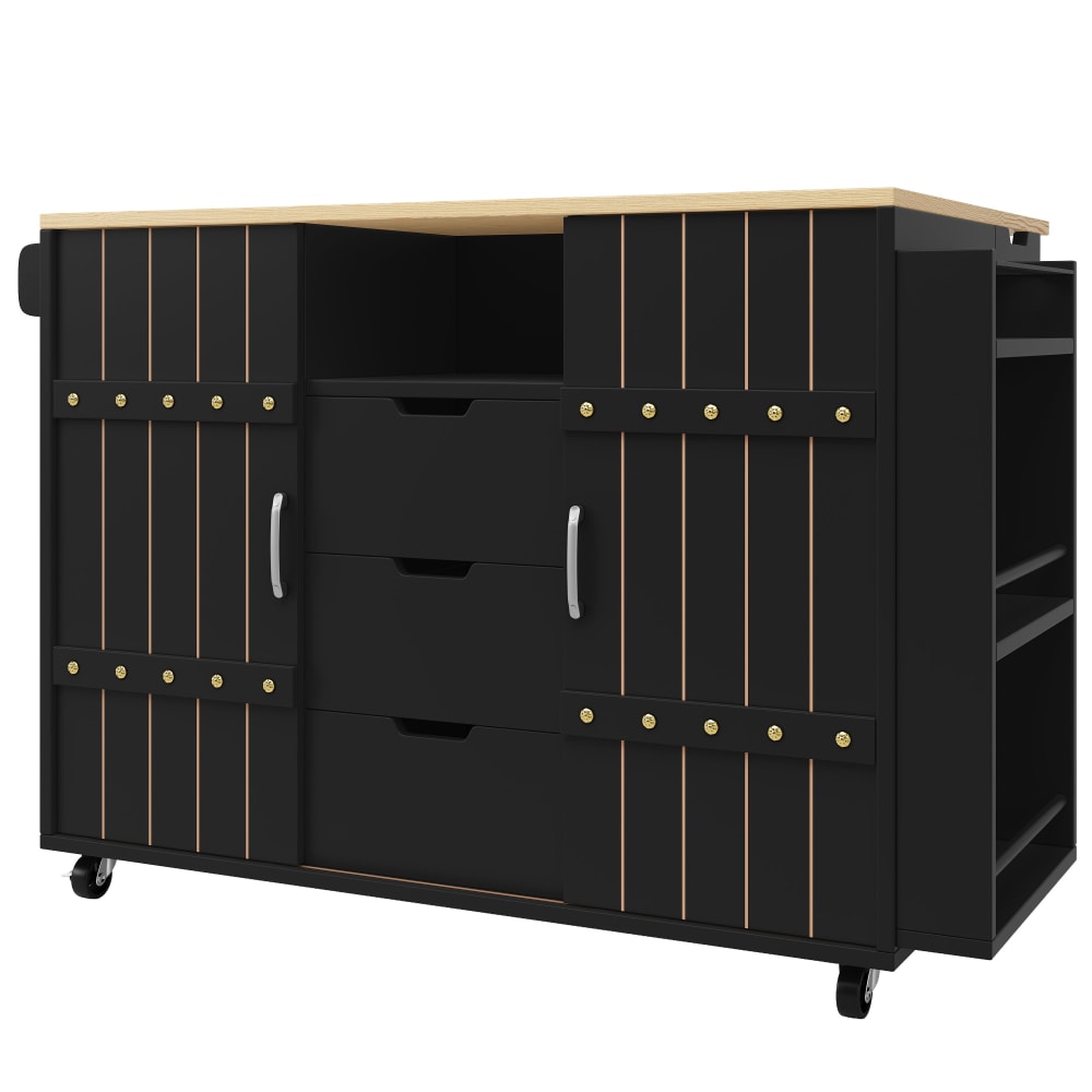 Îlot de cuisine noir avec plateau pliable, roulettes, portes