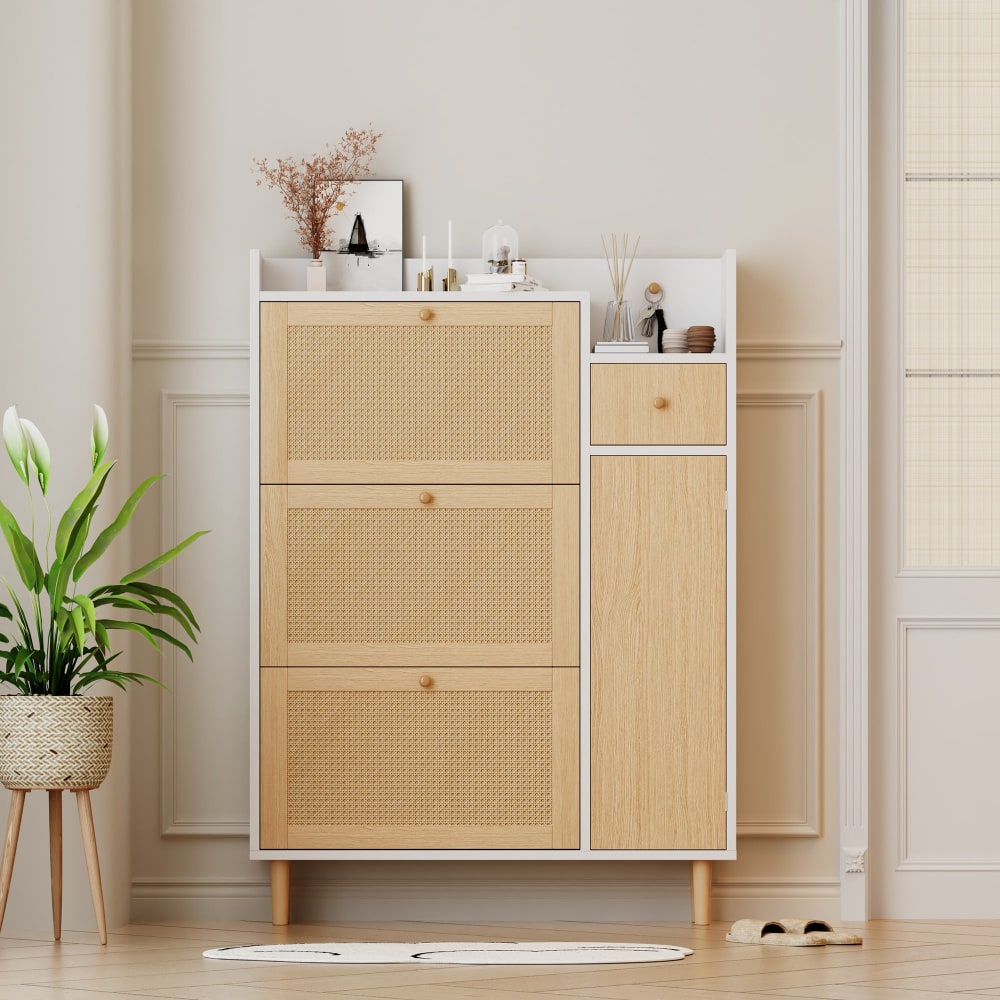Schuhschrank, Holz-Optik & Rattan, 3 Klappen, 1 Schublade, Braun