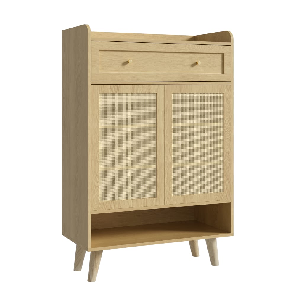 Urban Meuble Schuhschrank, Holz-Optik & Rattan, 2 Türen, 4 Ablagen, Braun Beige Spanplatte