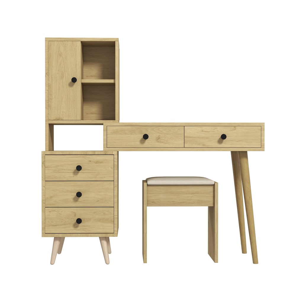 Coiffeuse extensible effet bois avec miroir, 5 tiroirs, tabouret beige Coiffeuse extensible effet bois avec miroir, 5 tiroirs, tabouret beige