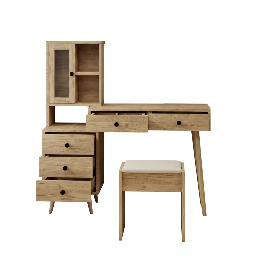 Coiffeuse extensible effet bois avec miroir, 5 tiroirs, tabouret beige