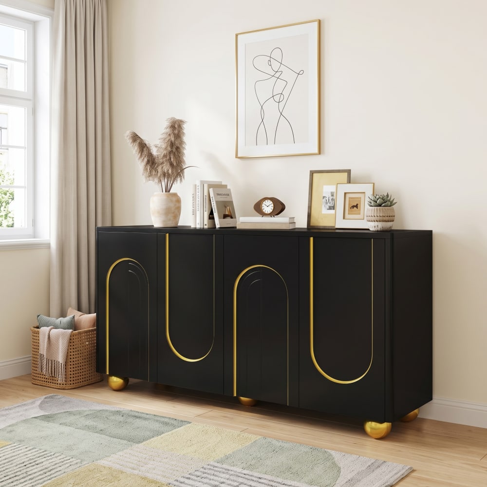 Urban Meuble Sideboard mit 4 Türen, strukturiertes Muster, goldene Akzente, schwarz - Spanplatte