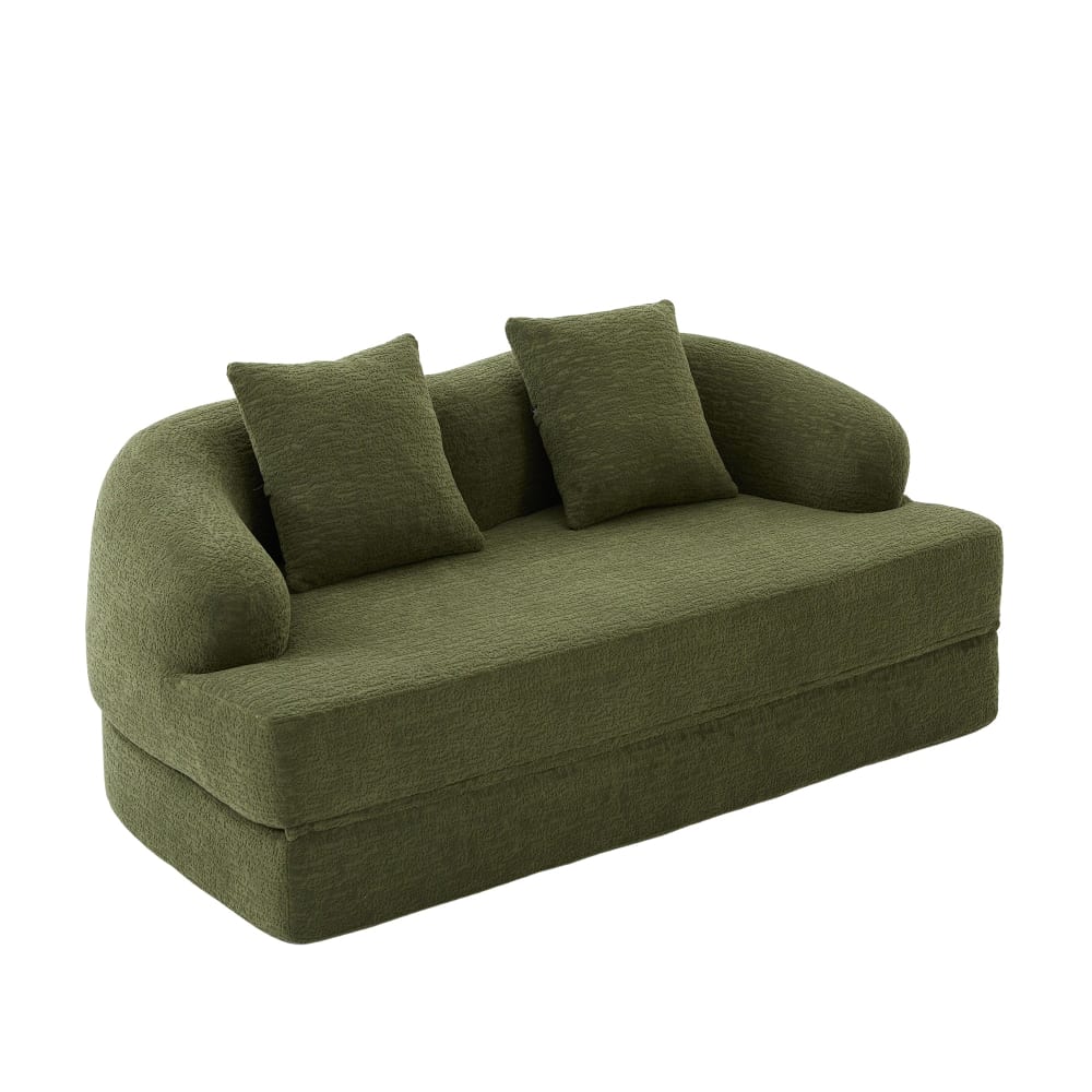 Canapé-lit 2 places convertible en chenille verte texturé et 2 coussin