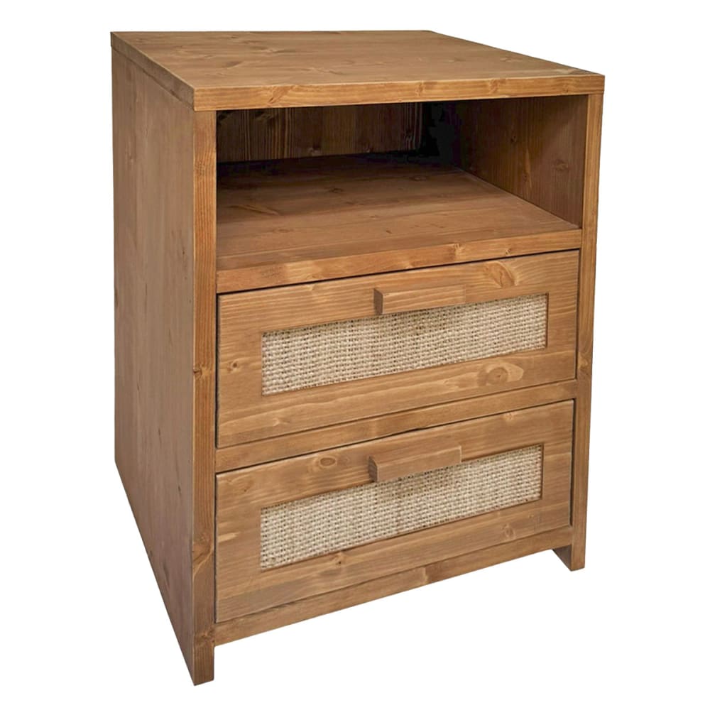 Table de chevet en bois massif et fibre naturelle 2 tiroirs chêne 40cm Table de chevet en bois massif et fibre naturelle 2 tiroirs chêne 40cm
