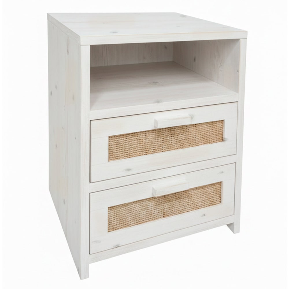 Table de chevet bois fibre naturelle 2 tiroirs blanc vieilli 40cm Table de chevet bois fibre naturelle 2 tiroirs blanc vieilli 40cm