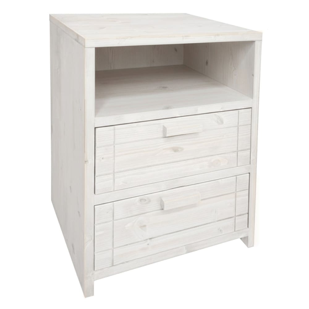 NATYAL Nachttisch aus Massivholz mit 2 Schubladen in gealtertem Weiß 40 cm style seaside Weiß
