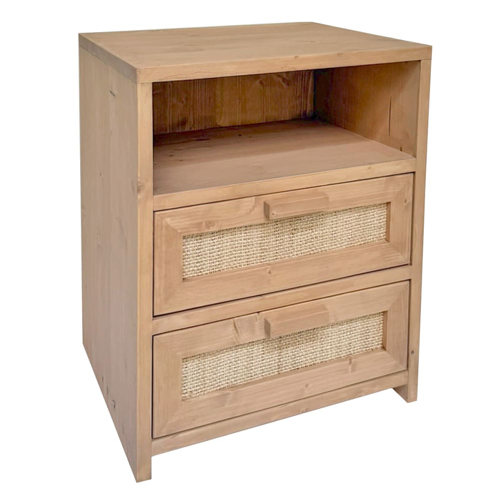 NATYAL Nachttisch aus Massivholz und Raffia mit 2 Schubladen hell 40 cm style seaside Beige