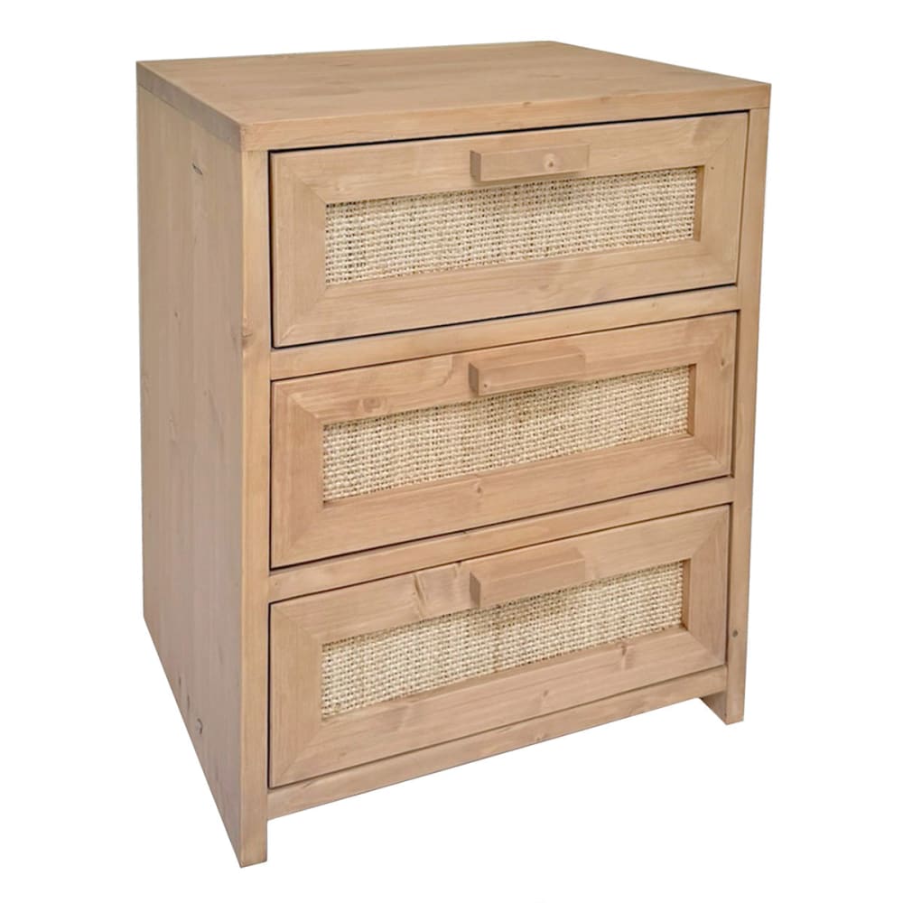 Table de chevet en bois et fibre naturelle 3 tiroirs tons clairs 40cm Table de chevet en bois et fibre naturelle 3 tiroirs tons clairs 40cm