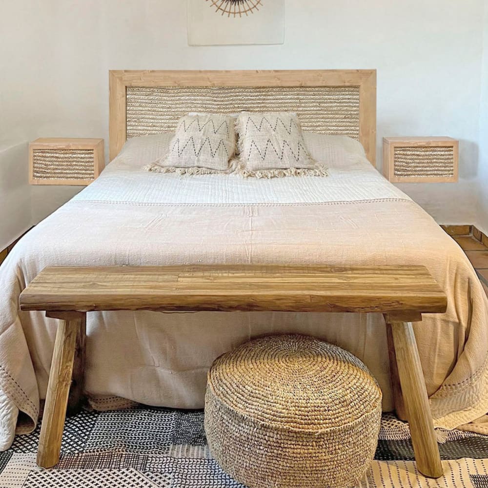 Table de chevet suspendue en bois tons clairs tiroir en jute 40cm