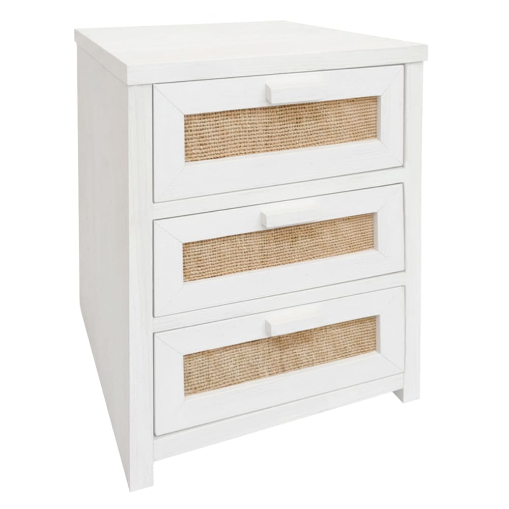 Table de chevet en bois et fibre naturelle 3 tiroirs ton blanc 40cm Table de chevet en bois et fibre naturelle 3 tiroirs ton blanc 40cm