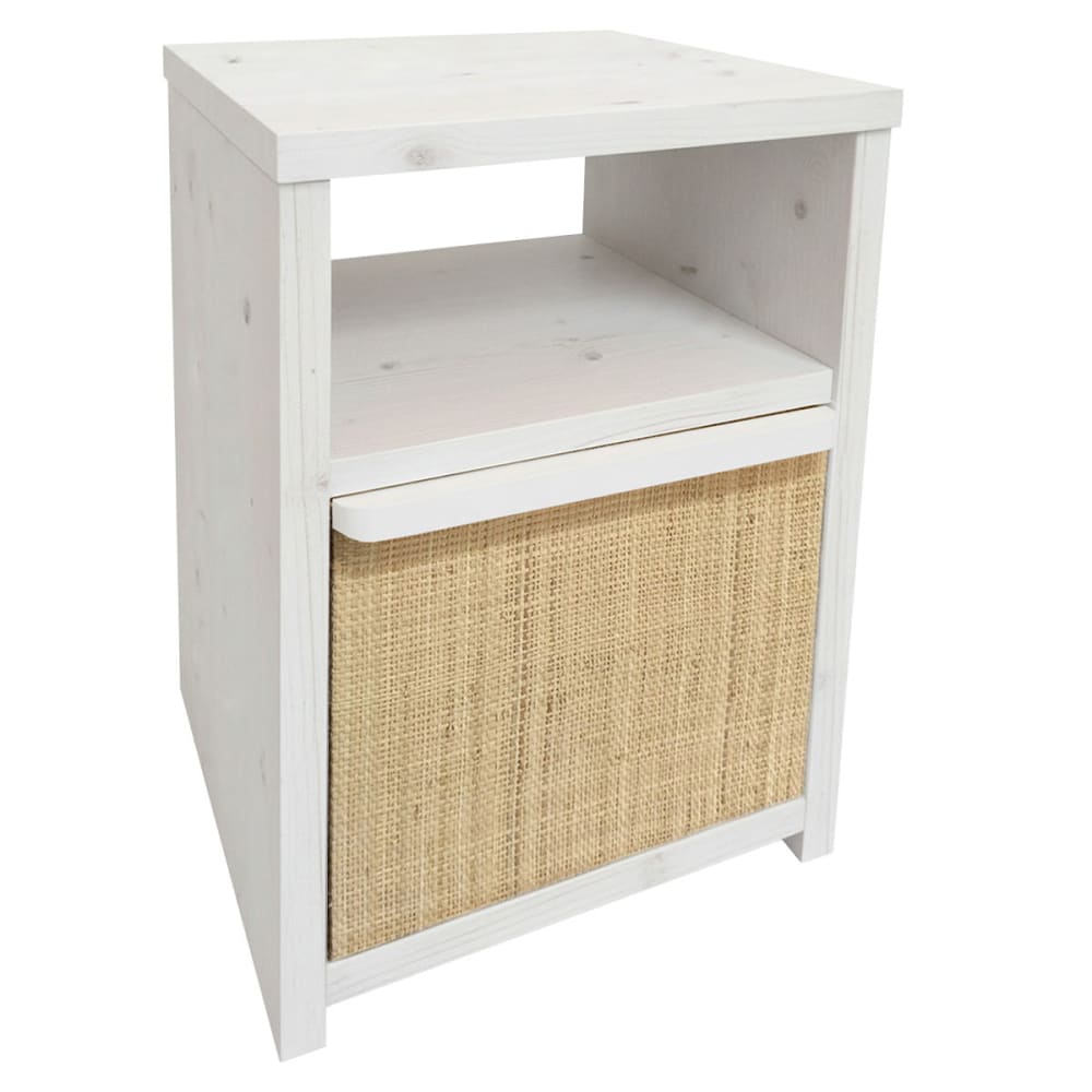Table de chevet en bois blanc vieilli tiroir en raphia naturel 40cm Table de chevet en bois blanc vieilli tiroir en raphia naturel 40cm