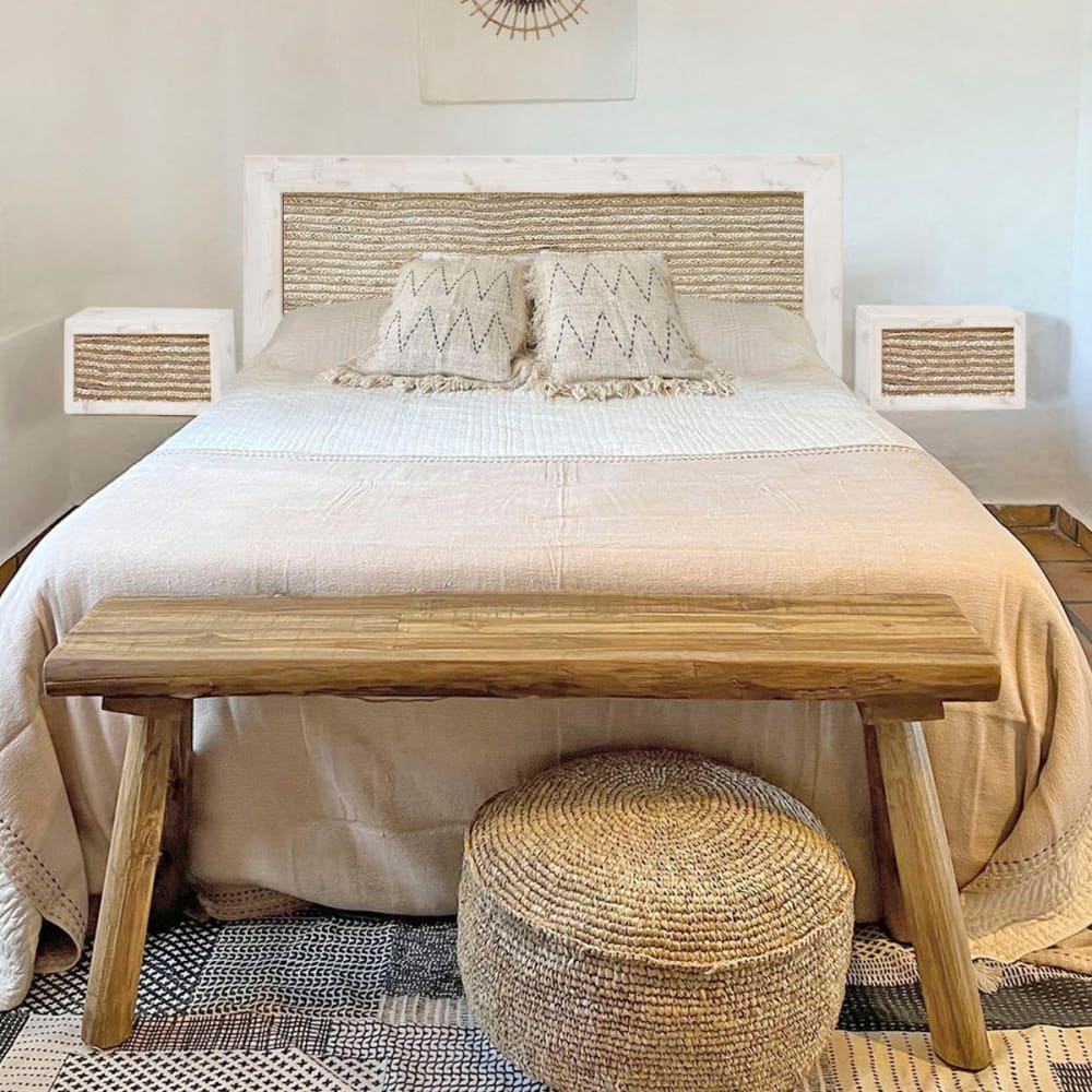 Table de chevet suspendue bois blanc vieilli tiroir en jute 40cm