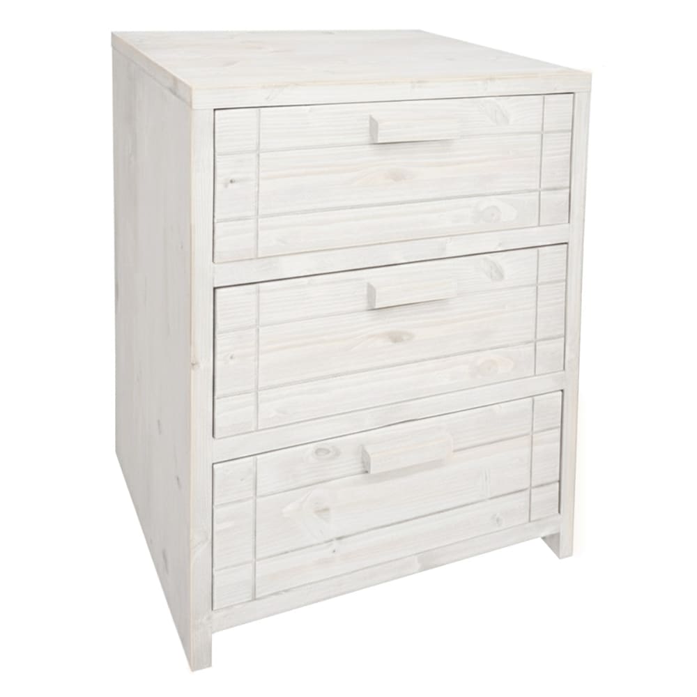 Table de chevet en bois massif avec 3 tiroirs blanc vieilli 40cm Table de chevet en bois massif avec 3 tiroirs blanc vieilli 40cm