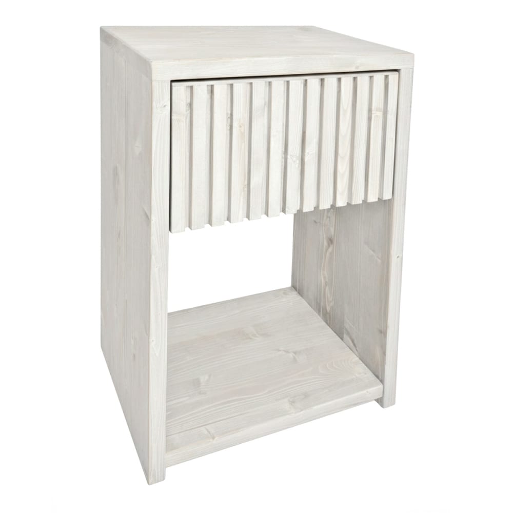 Table de chevet en bois avec tiroir à lattes blanc vieilli 40cm Table de chevet en bois avec tiroir à lattes blanc vieilli 40cm