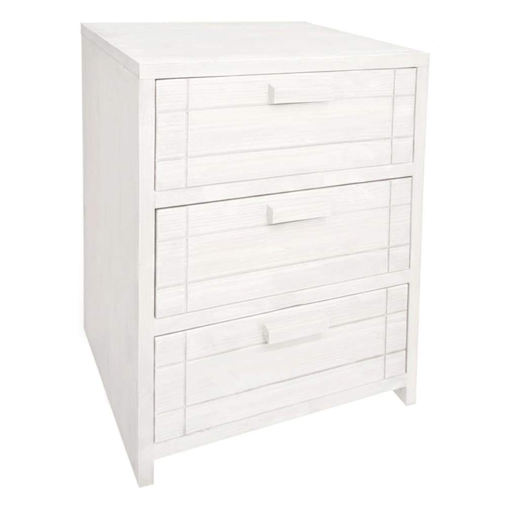 Table de chevet en bois massif avec 3 tiroirs finition blanche 40cm Table de chevet en bois massif avec 3 tiroirs finition blanche 40cm