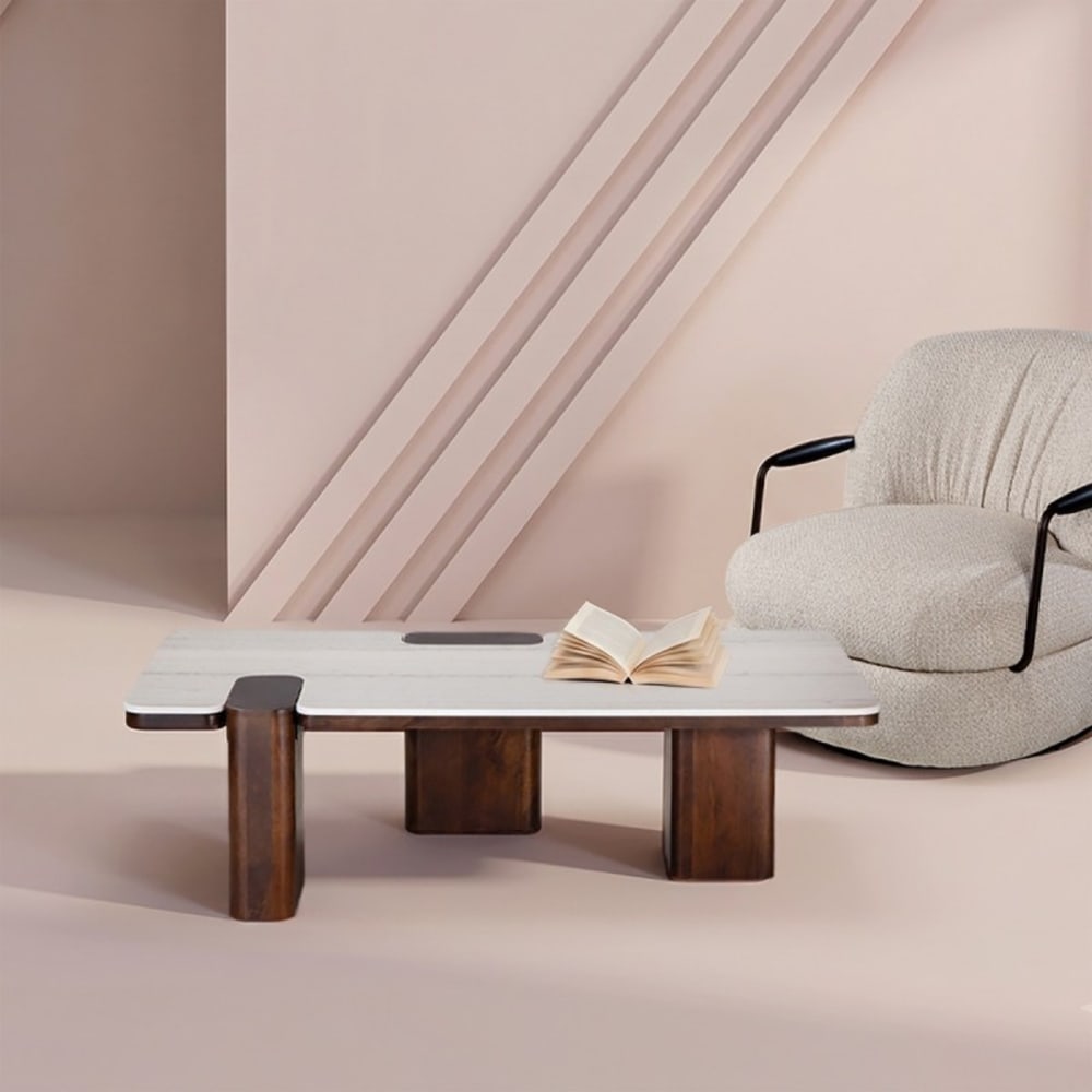 Signature Couchtisch aus Mangoholz und Marmor style modern Beige Stoff